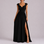 Formal maxi dress with lace shoulder detail and floor-length skirt, sleeveless evening gown