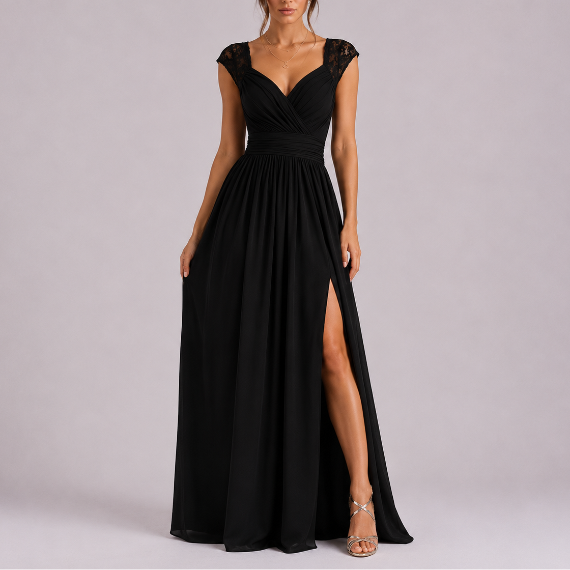 Formal maxi dress with lace shoulder detail and floor-length skirt, sleeveless evening gown
