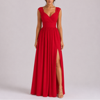 Formal maxi dress with lace shoulder detail and floor-length skirt, sleeveless evening gown