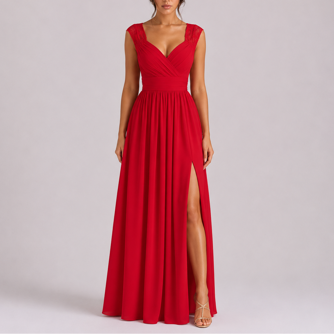 Formal maxi dress with lace shoulder detail and floor-length skirt, sleeveless evening gown