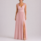 Formal maxi dress with lace shoulder detail and floor-length skirt, sleeveless evening gown