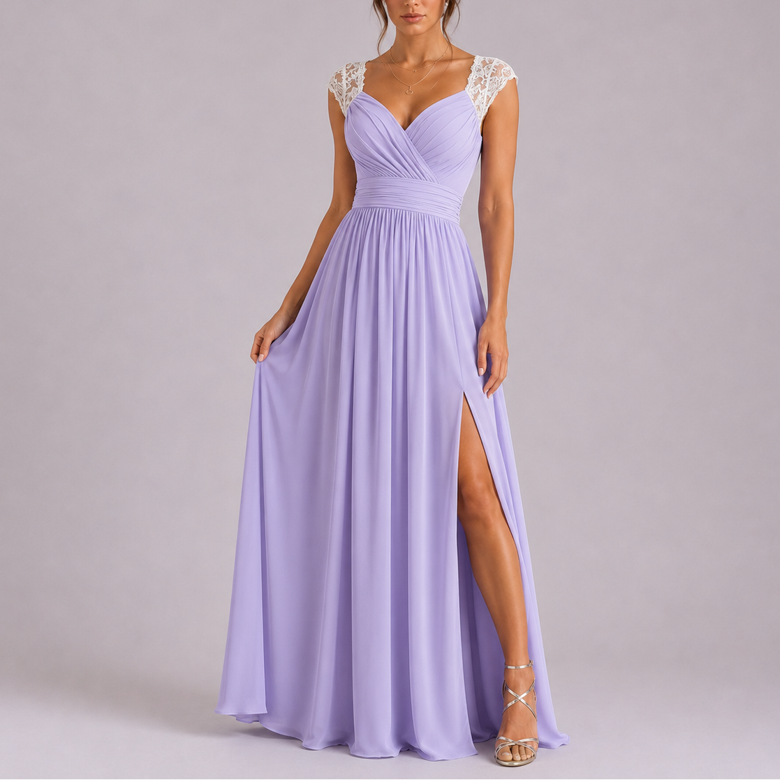 Formal maxi dress with lace shoulder detail and floor-length skirt, sleeveless evening gown