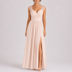 Formal maxi dress with lace shoulder detail and floor-length skirt, sleeveless evening gown