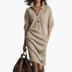 Women long sleeve high neck midi dress fitted stretch fabric