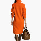 Women long sleeve high neck midi dress fitted stretch fabric