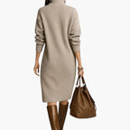 Women long sleeve high neck midi dress fitted stretch fabric
