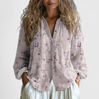 Women blouse retro leaf print in green pink and purple relaxed fit