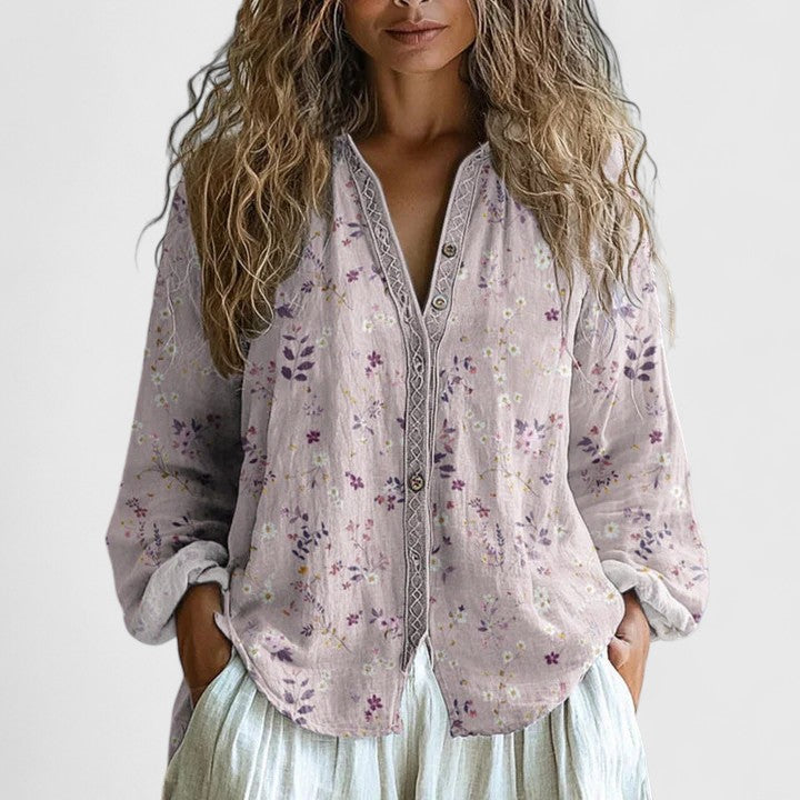 Women blouse retro leaf print in green pink and purple relaxed fit