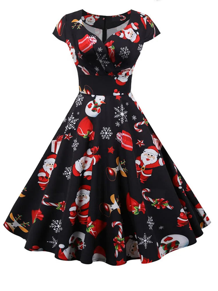Christmas Party Dress Women Short Sleeve Vintage V Neck Swing