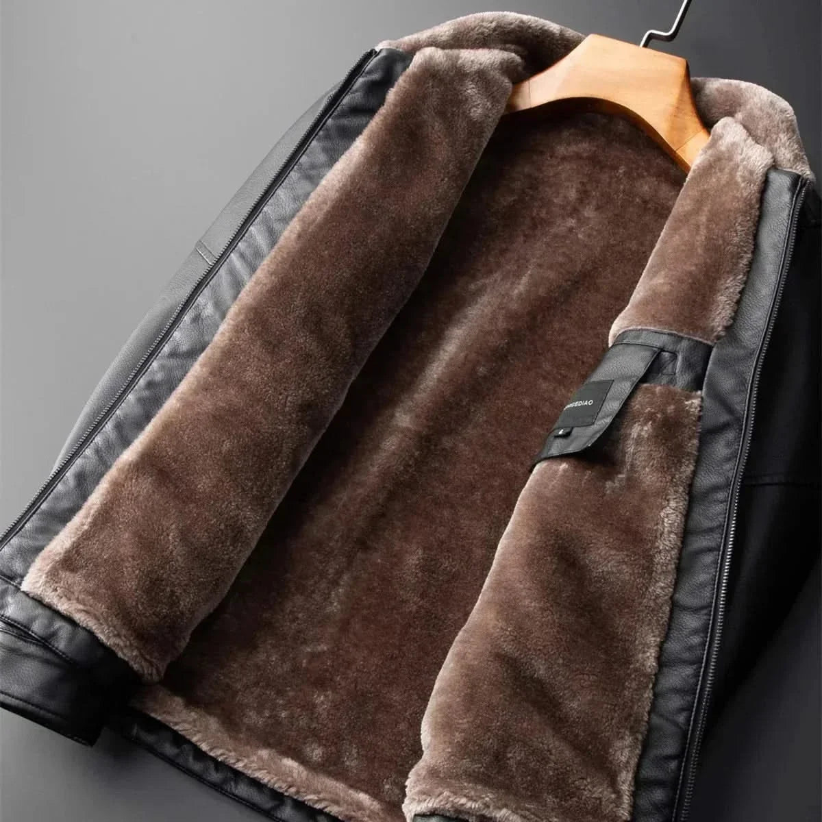 Men leather jacket fleece lined full zip with fleece collar