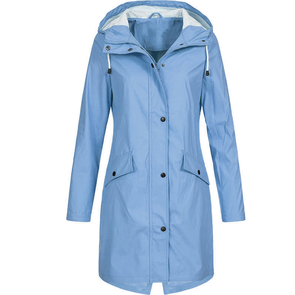 Women hooded long rain jacket A-line silhouette below knee length