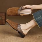 Women suede leather clogs with adjustable buckle strap in brown and beige