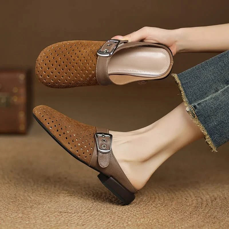 Women suede leather clogs with adjustable buckle strap in brown and beige