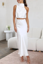 Women 2 piece satin maxi dress set with high draped neckline and flowing skirt