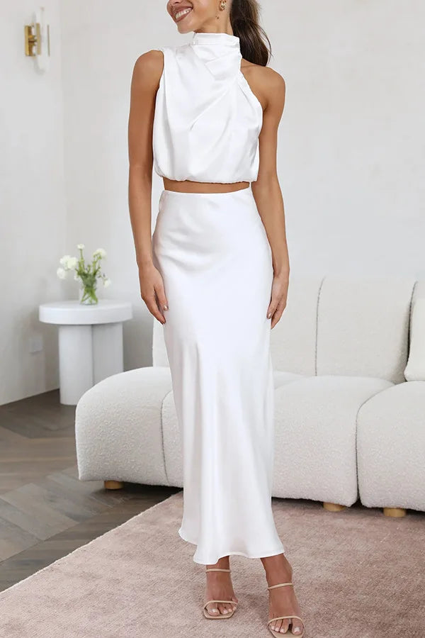 Women 2 piece satin maxi dress set with high draped neckline and flowing skirt