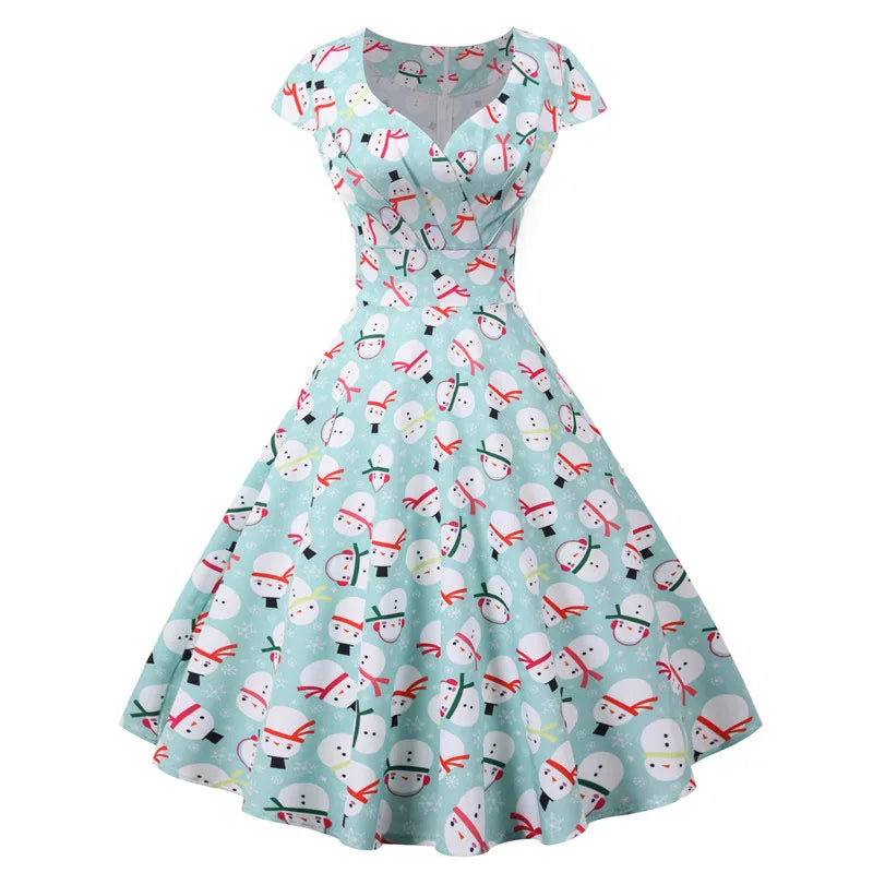 Christmas Party Dress Women Short Sleeve Vintage V Neck Swing