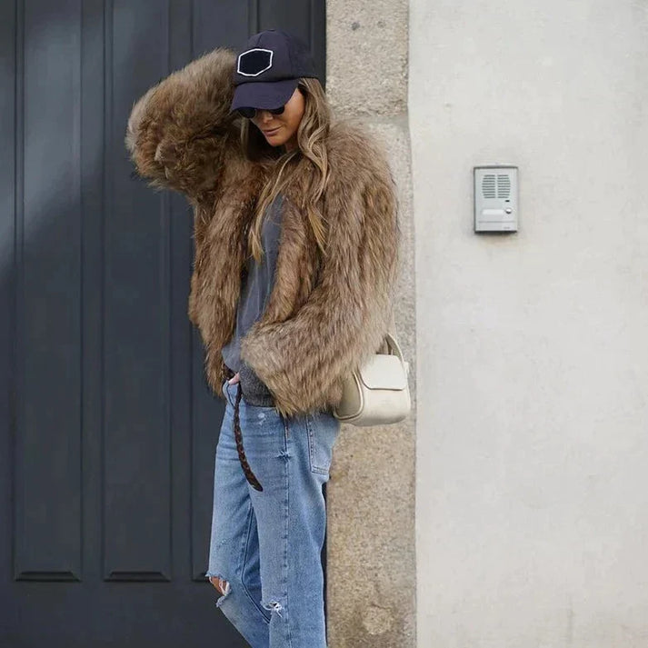 Women's faux fur coat brown plush winter fashion coat