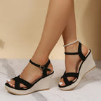 Women espadrille wedge sandals cross strap ankle buckle woven rope heel