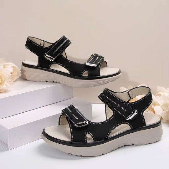 Women mid heel slip-on sandals in beige faux leather strappy design