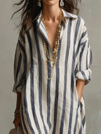 Women's striped linen maxi dress, oversized shirt style with roll-tab sleeves and deep side pockets