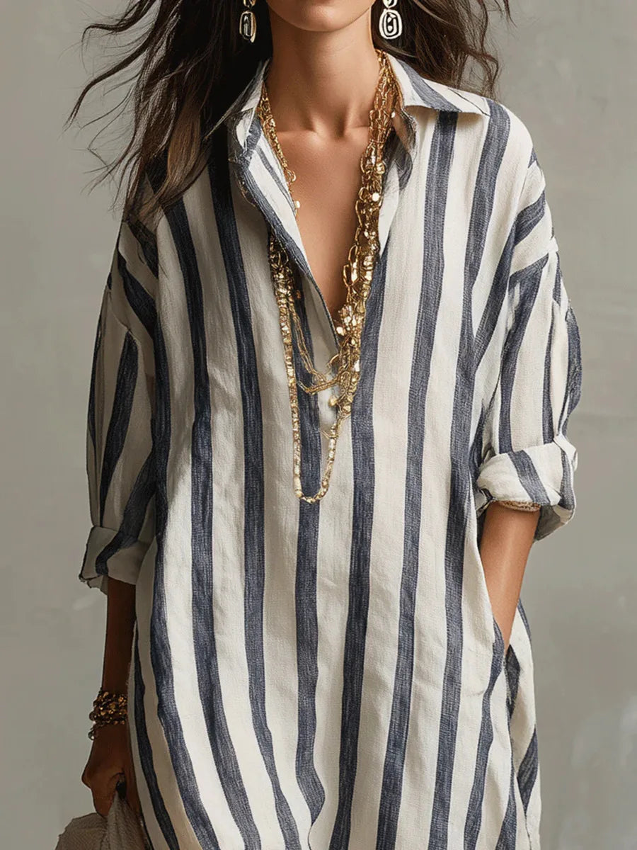 Women's striped linen maxi dress, oversized shirt style with roll-tab sleeves and deep side pockets