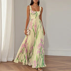 Floral maxi dress with square neckline and pleated skirt, wedding guest style