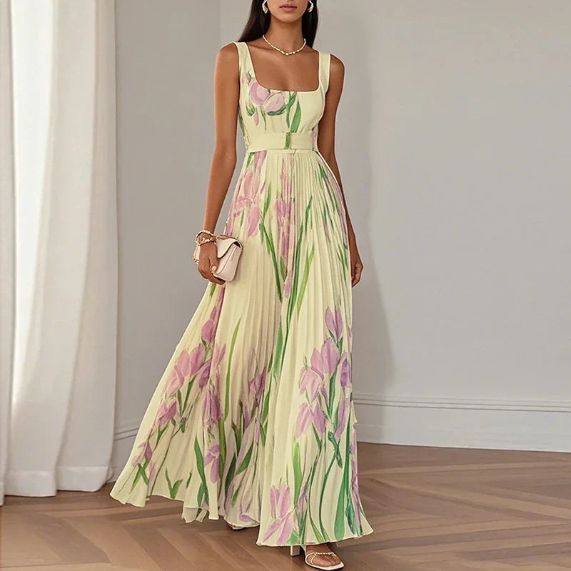Floral maxi dress with square neckline and pleated skirt, wedding guest style
