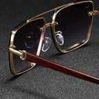 Metal frame square sunglasses gradient lenses UV protection vintage wooden arms