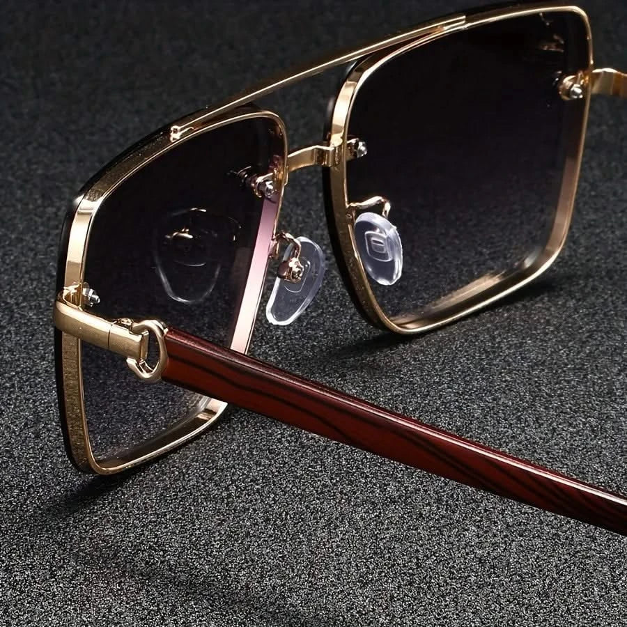 Metal frame square sunglasses gradient lenses UV protection vintage wooden arms