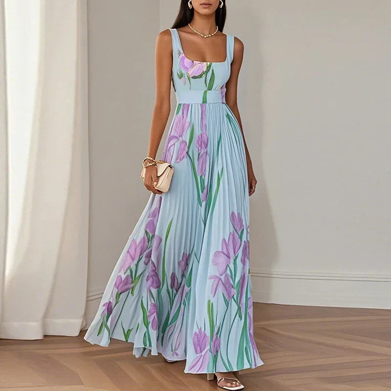 Floral maxi dress with square neckline and pleated skirt, wedding guest style