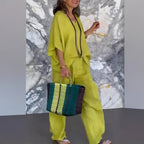 Women 2 piece wide leg pants set loose fit in lime green black and khaki