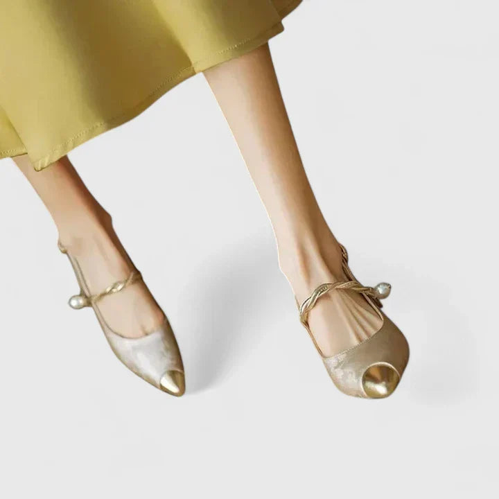 Women block heel pumps jacquard floral texture pearl strap gold-tone accents