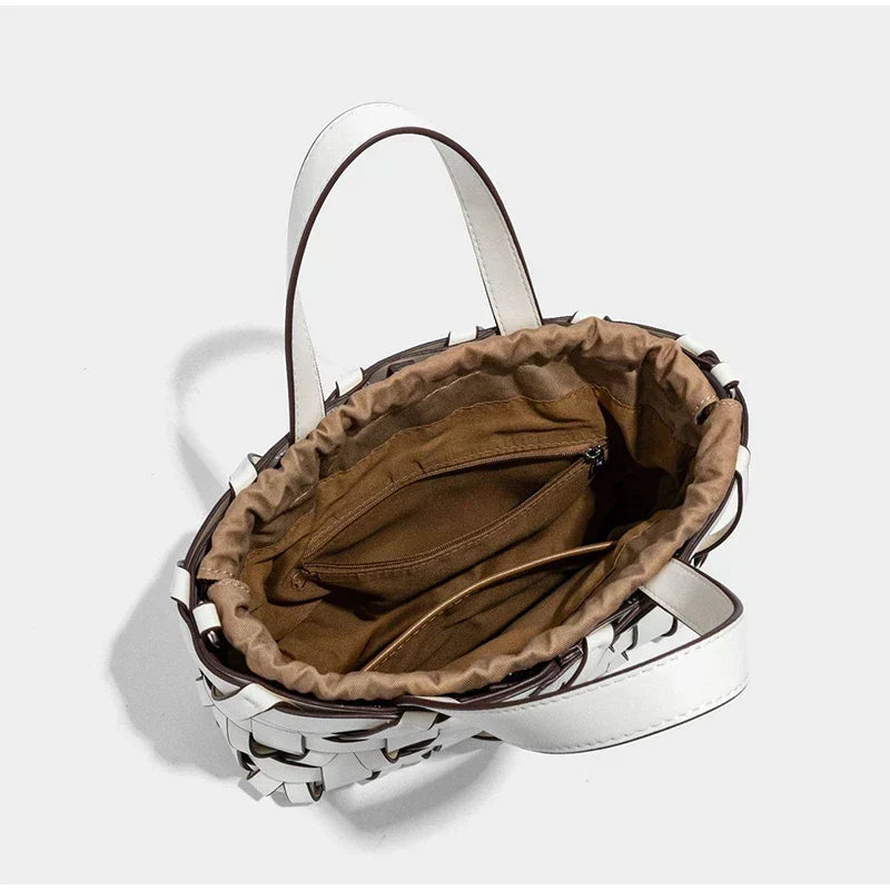 Women handwoven crossbody handbag with top handle in vegan leather