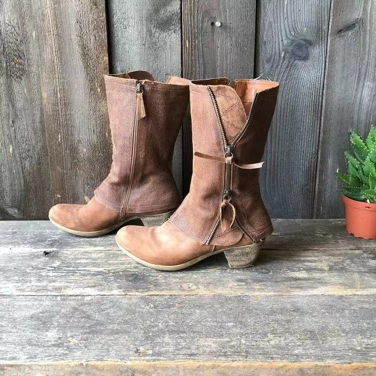 Women's autumn boots in brown water-resistant leather, versatile and elegant