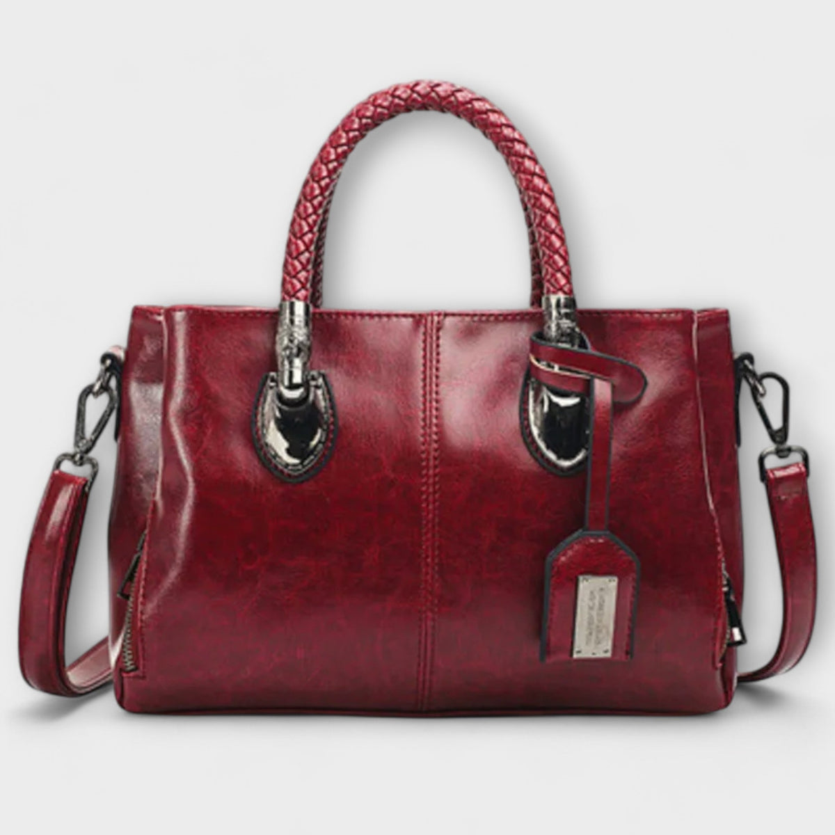 Women structured handbag in a balanced silhouette available in Black Blue Red and Brown