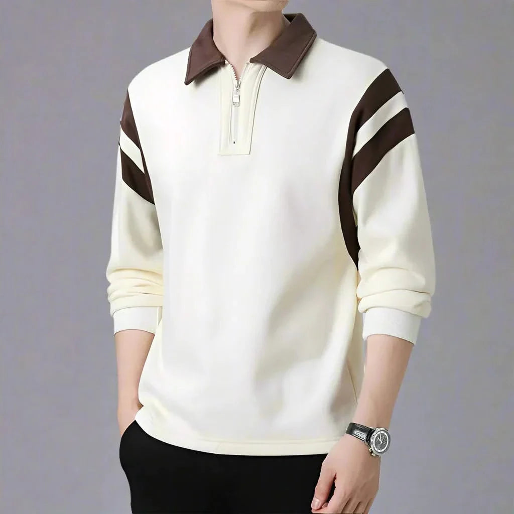 Men cotton blend long sleeve polo shirt with zipper collar and color-block design