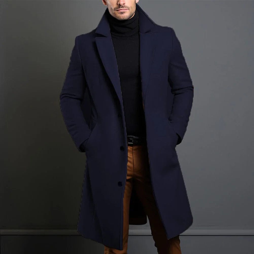 Men's long wool coat warm winter overcoat in dark grey, black, beige and dark blue