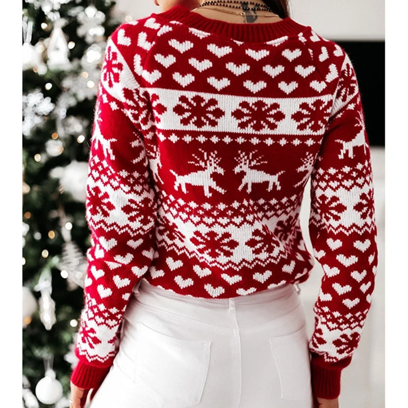 Christmas jumper women snowflake print knitted crew neck long sleeve