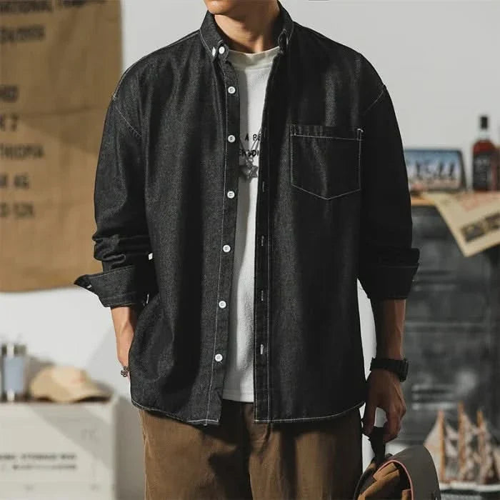 Denim button-up shirt relaxed fit with distressed finish in light blue