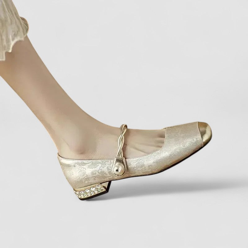 Women's ballet flats square toe pearl ankle strap embroidered gold detail