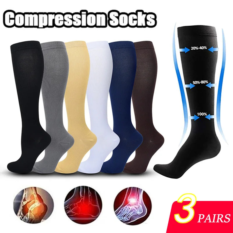 Knee high compression socks 15-20 mmHg, 3 pairs, unisex for running and nursing