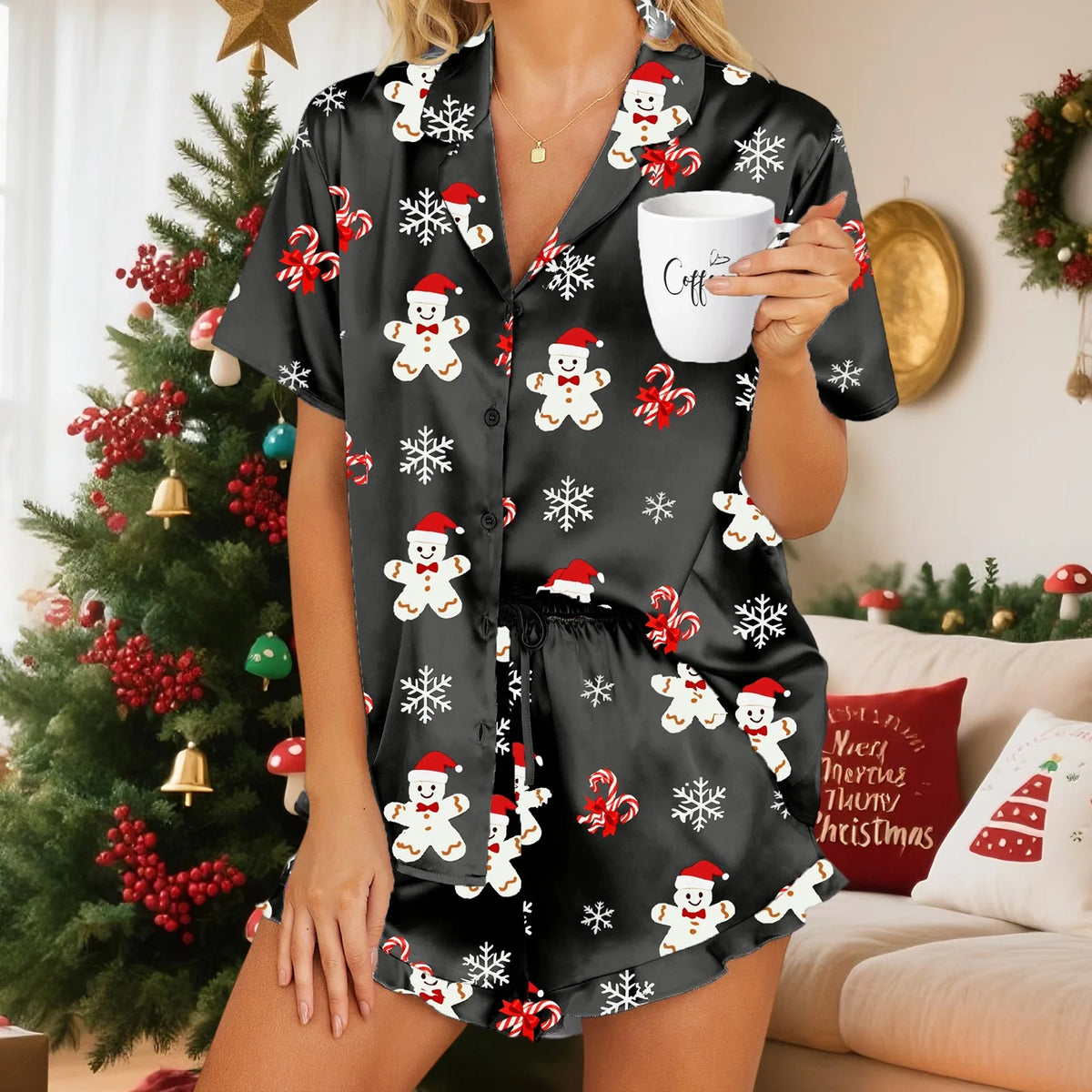 Christmas Pajamas Women 2 Piece Set Santa Print Short Sleeve