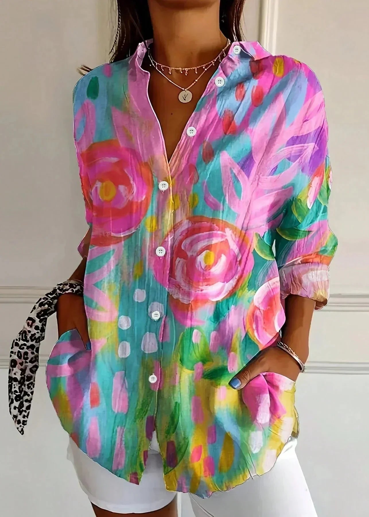 Women's cotton printed blouse button-up front, lightweight summer casual top
