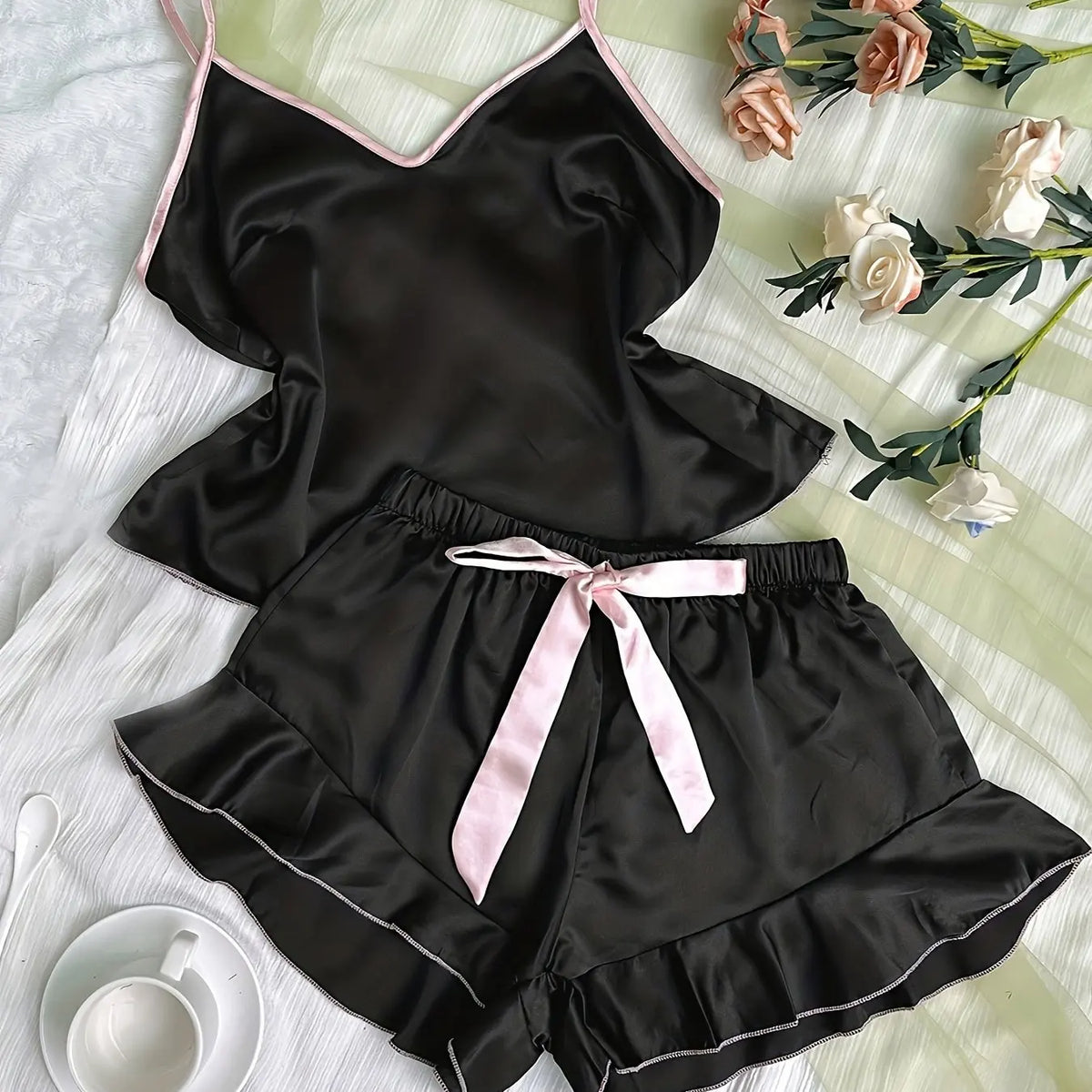 Satin Pajamas Women Short 2 Piece Set Sleeveless Top Ruffle Trim