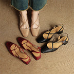 Women leather block heel pumps closed toe with adjustable buckle strap