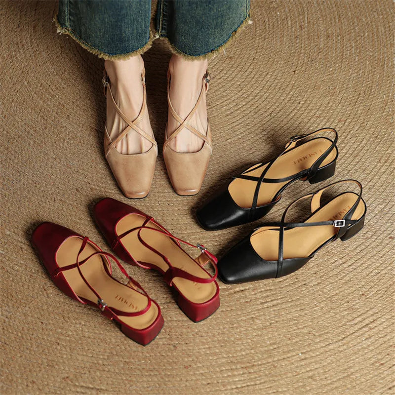 Women leather block heel pumps closed toe with adjustable buckle strap