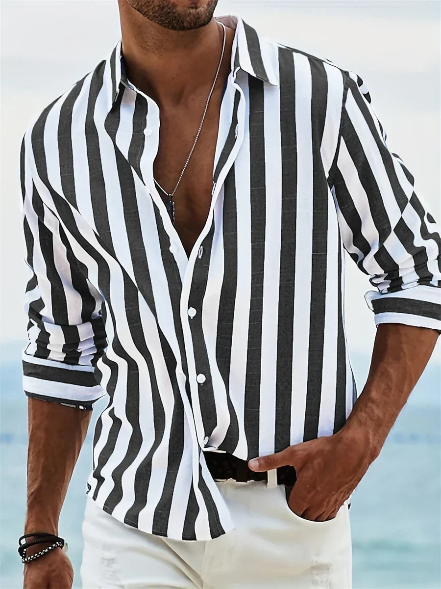 Men's linen shirt blue white stripes relaxed fit summer