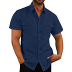 Linen Shirt Men Short Sleeve Casual Plus Size Solid Turn Down Collar