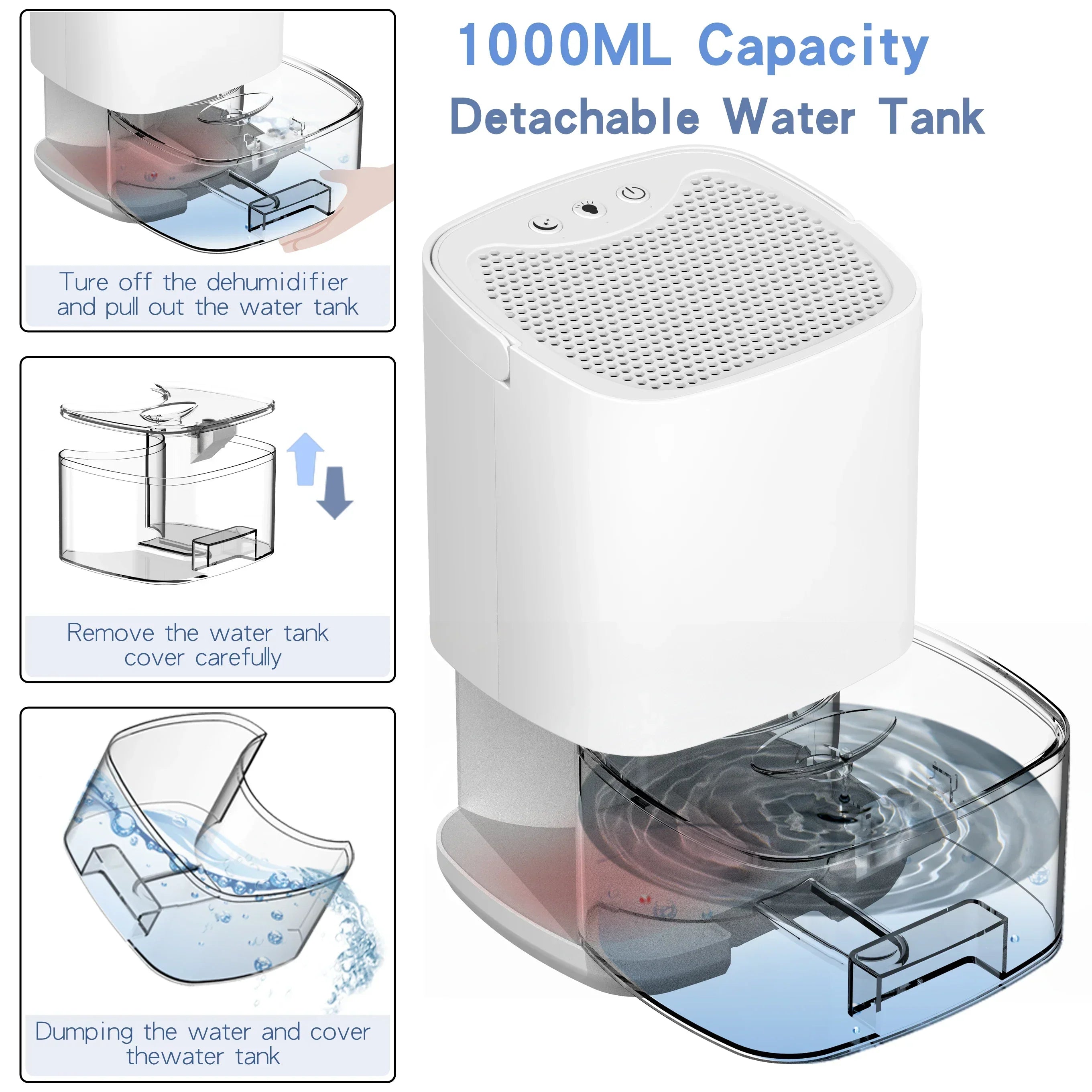Portable dehumidifier 2-in-1 air filter and night light 1000ml compact