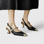 Women block heel pumps jacquard floral texture pearl strap gold-tone accents